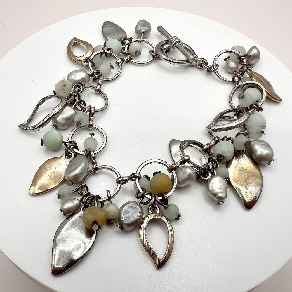 VTG Silver Tone Charm Bracelet Faux Pearl Leaf Dangle Toggle Boho Multi Strand